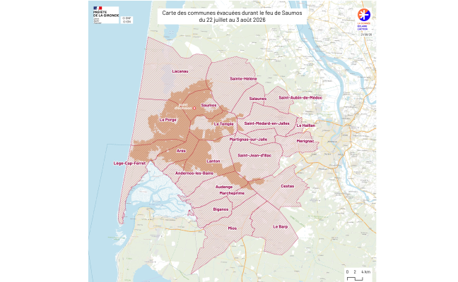 Exemple de production cartographique produite en cellule de crise de la Préfecture de la Gironde. Contour du feu de Saumos du 22 juillet 2026 et les communes évacuées.